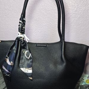 Classic Black Pebbled Tote with Decorative Scarf Accent
